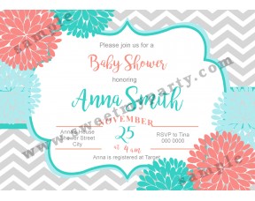 Floral Coral Turquoise Baby Shower Invitation,modern typographic baby shower invitation,(01bbg)